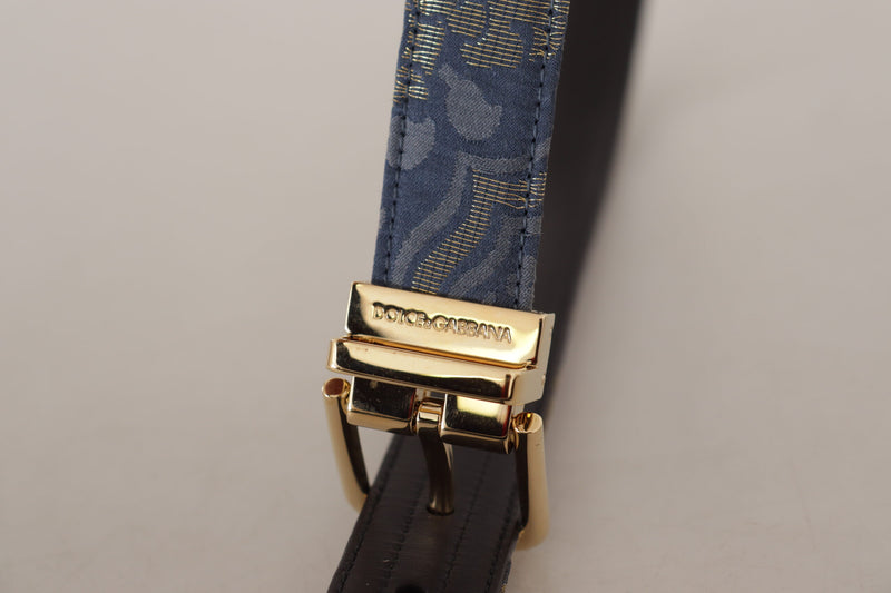 Navy Blue Jacquard Gold Tone Logo Metal Buckle Belt