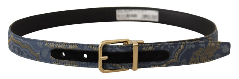 Navy Blue Jacquard Gold Tone Logo Metal Buckle Belt