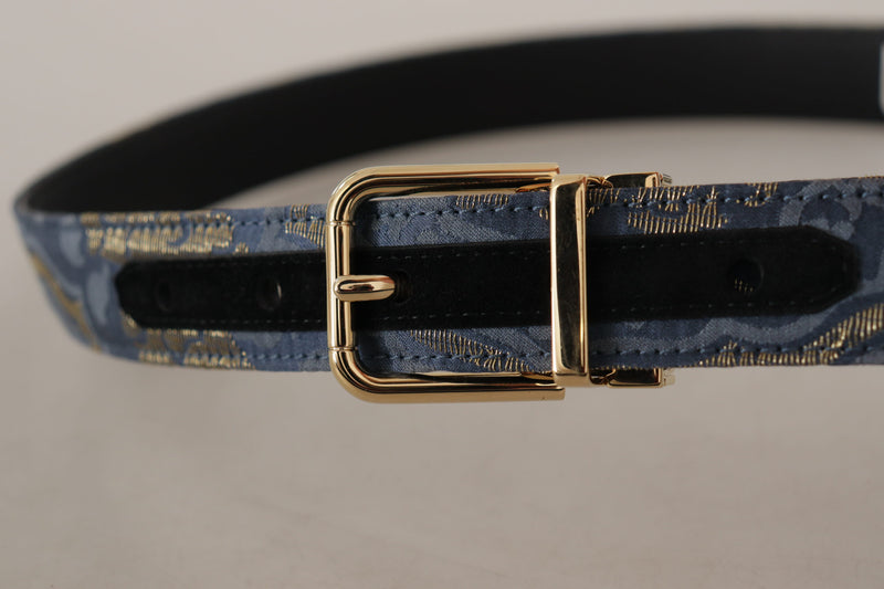 Navy Blue Jacquard Gold Tone Logo Metal Buckle Belt