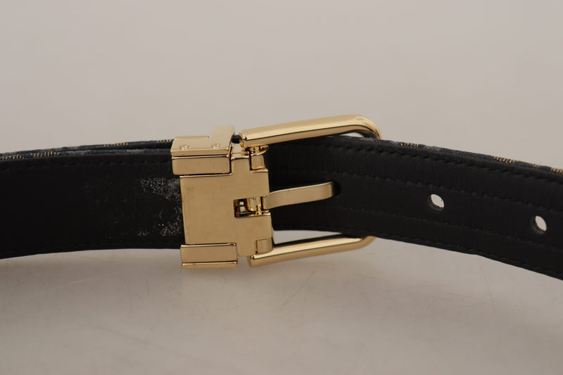 Navy Blue Jacquard Gold Tone Logo Metal Buckle Belt