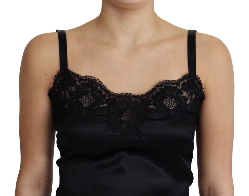 Black Silk Lace Trimmed Spaghetti Strap Tops