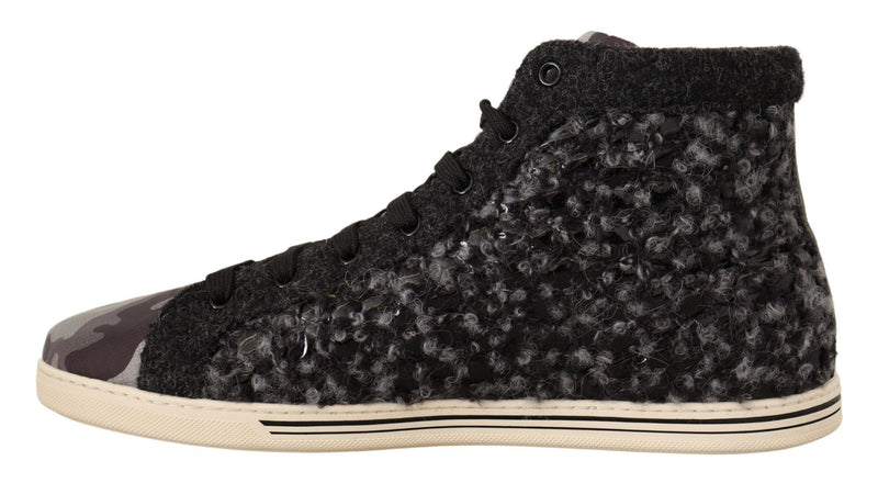 Gray Black Wool Cotton High Top Sneakers