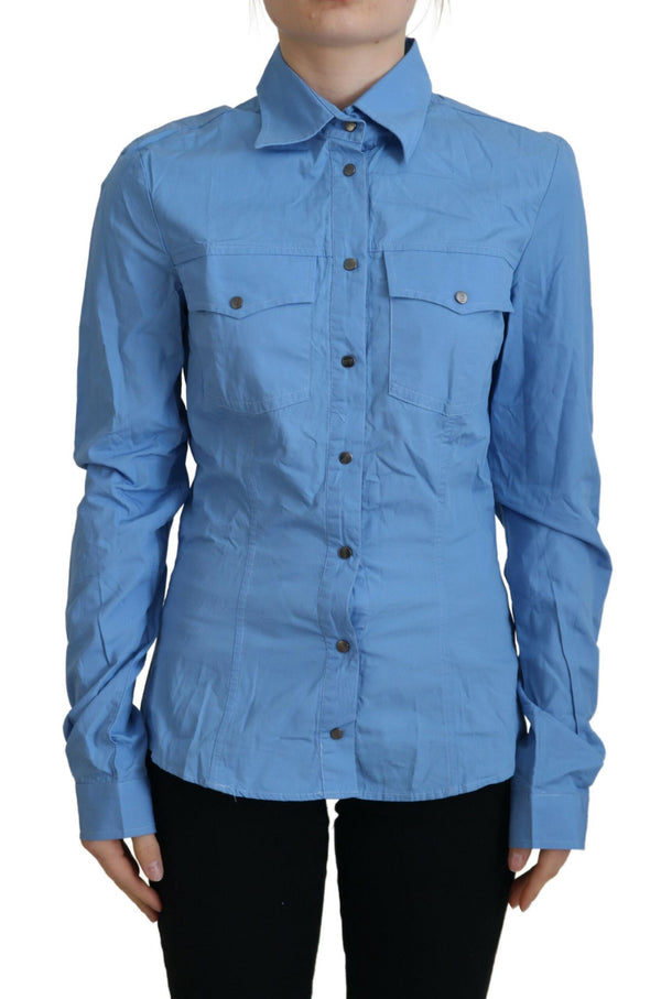 Blue Cotton Long Sleeves Collared Button Down Top