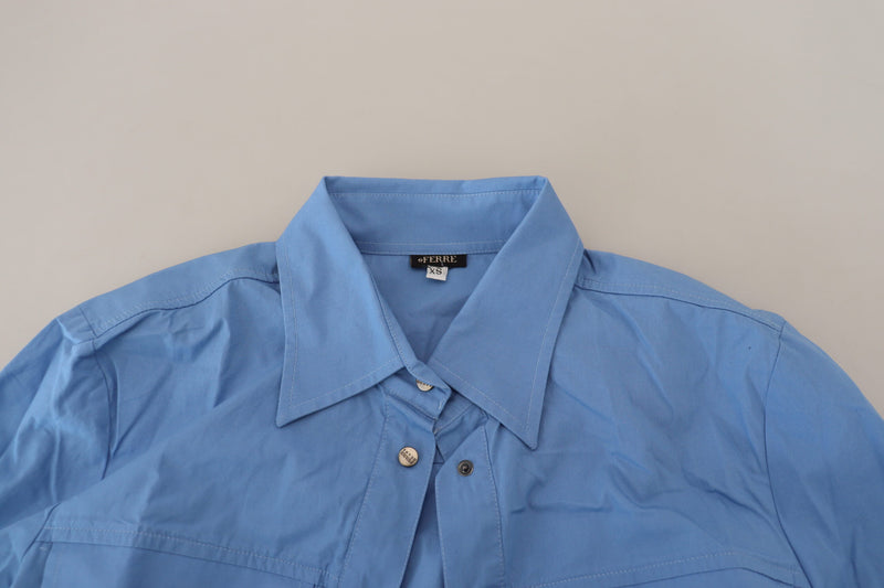 Blue Cotton Long Sleeves Collared Button Down Top