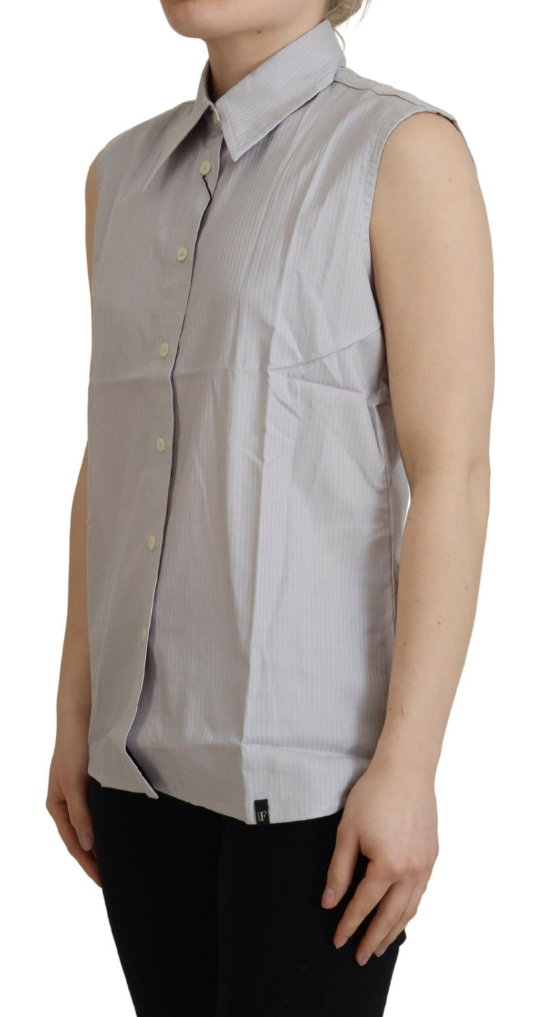 Light Gray Stripes Cotton Sleeveless Collared Top