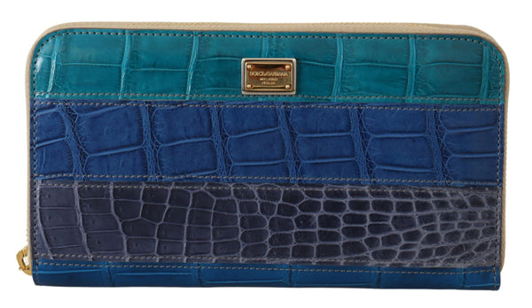 Blue Leather Crocodile Zip Around Wallet