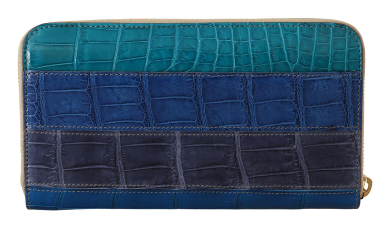 Blue Leather Crocodile Zip Around Wallet