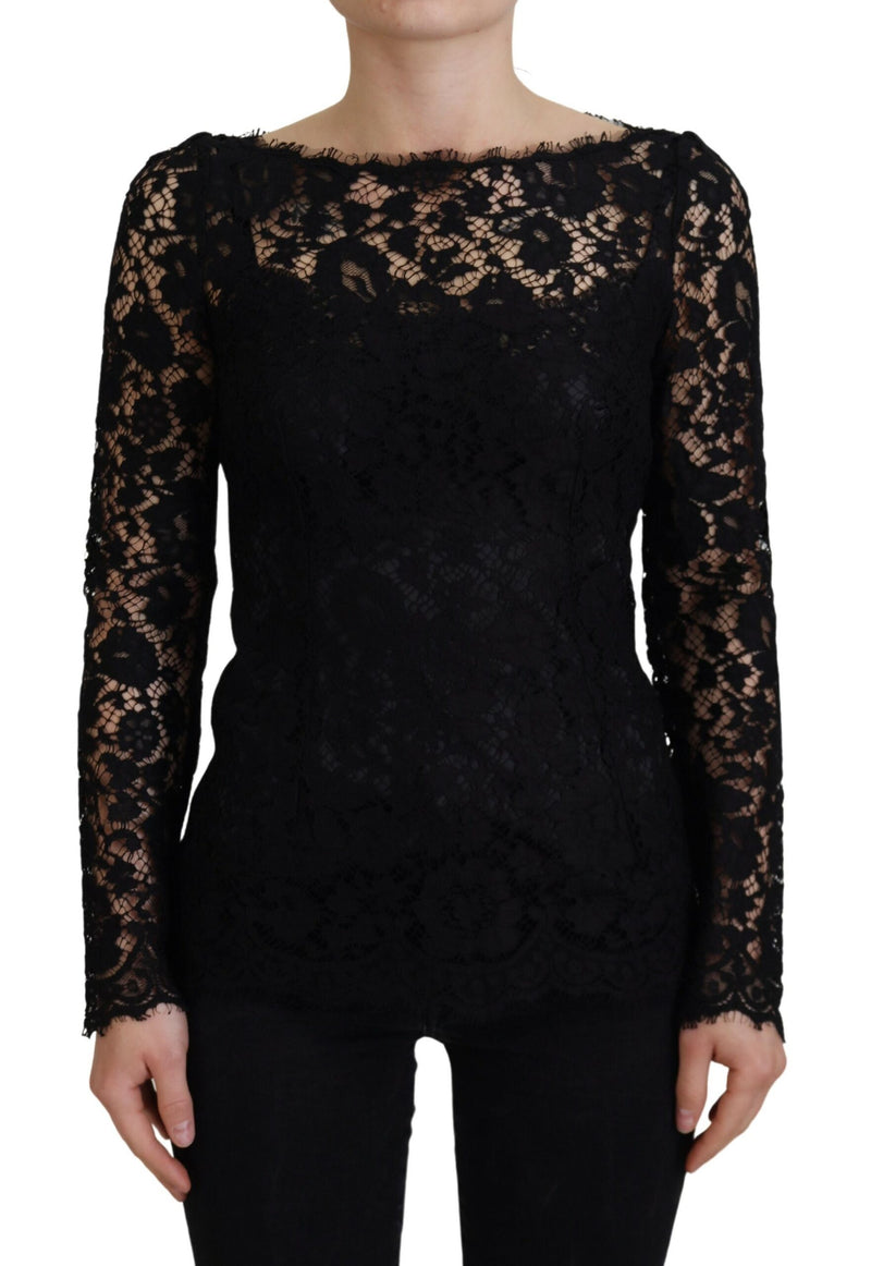 Black Cotton Lace Trim Long Sleeves Top