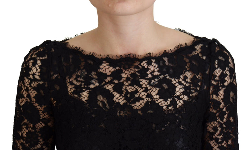 Black Cotton Lace Trim Long Sleeves Top