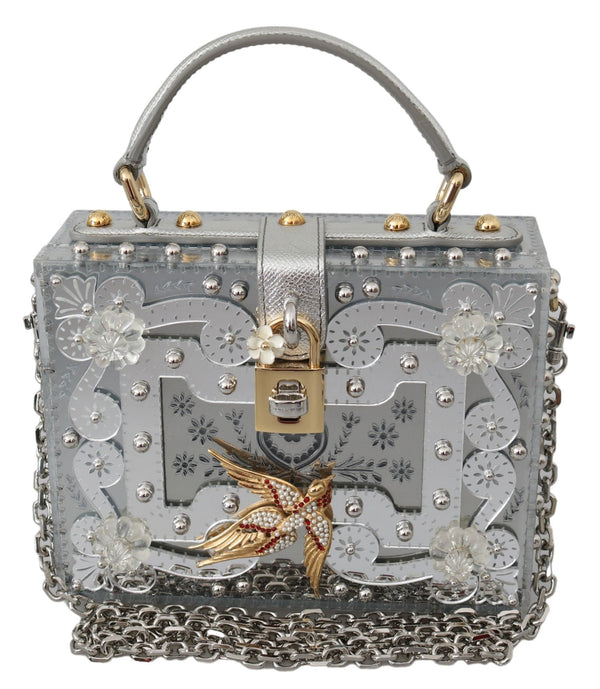 Silver Floral Padlock Sling Clutch Crystal BOX Bag