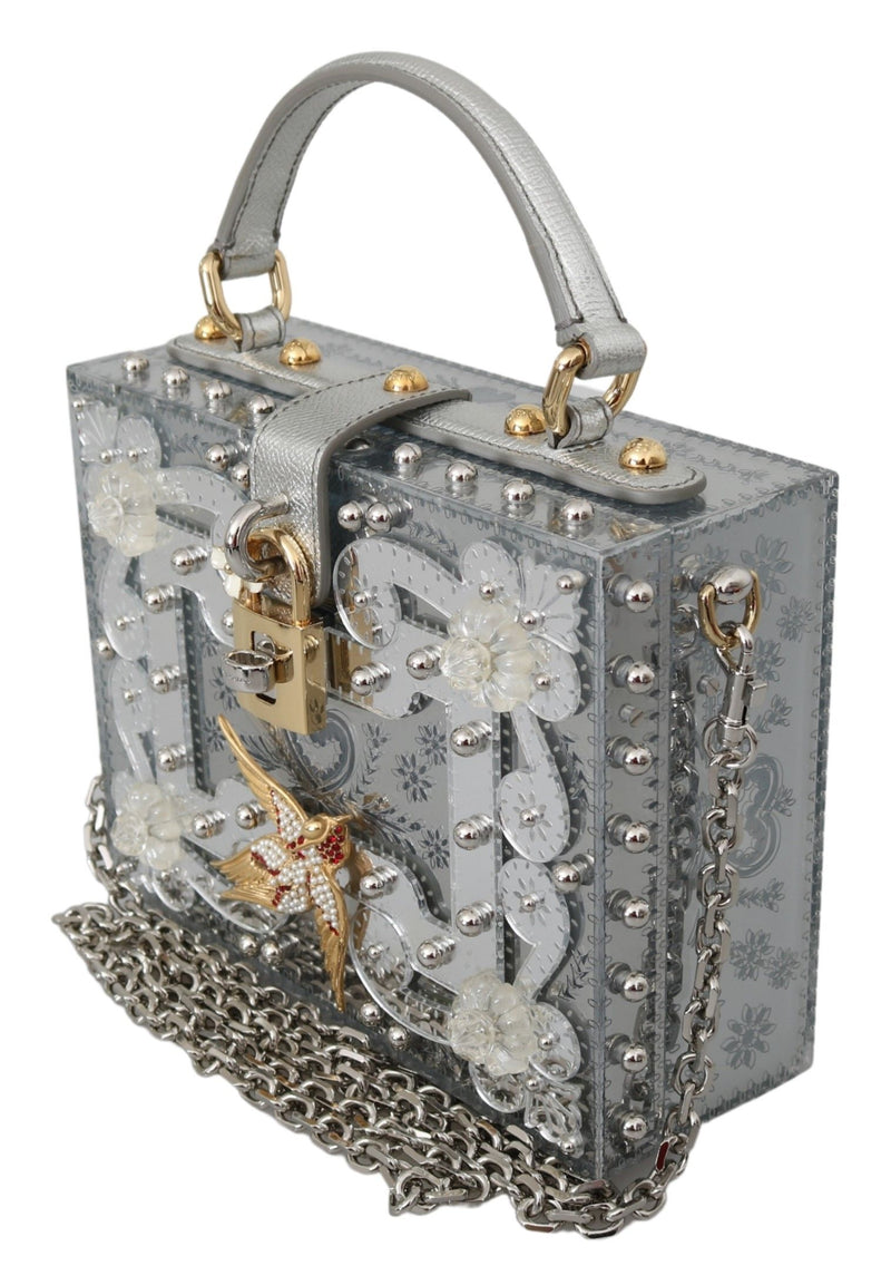 Silver Floral Padlock Sling Clutch Crystal BOX Bag