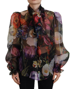 Black Floral Silk Ascot Collar Blouse Top