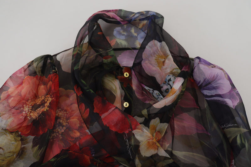 Black Floral Silk Ascot Collar Blouse Top