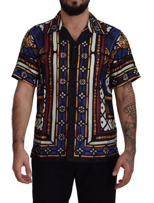 Multicolor Print Men Button Down Silk Shirt