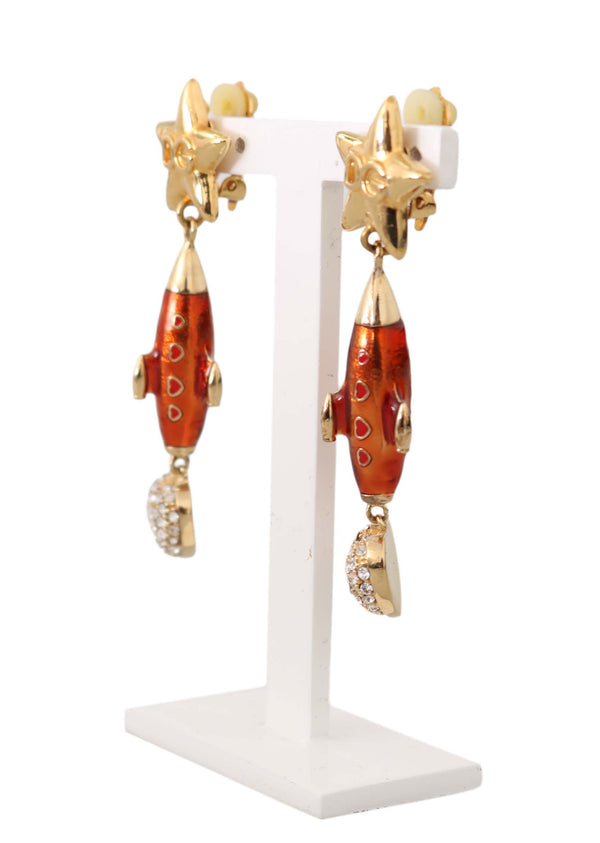 Gold Brass Rocket Crystal Design Dangling Earrings