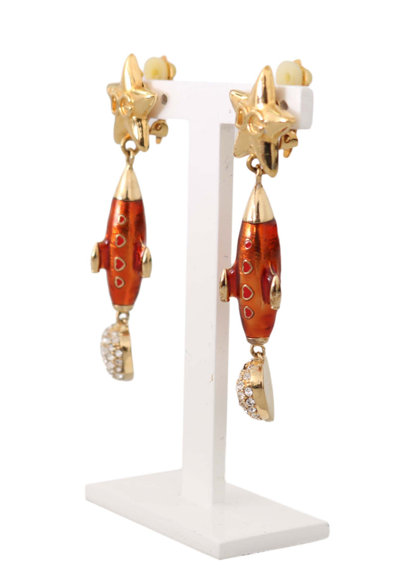 Gold Brass Rocket Crystal Design Dangling Earrings