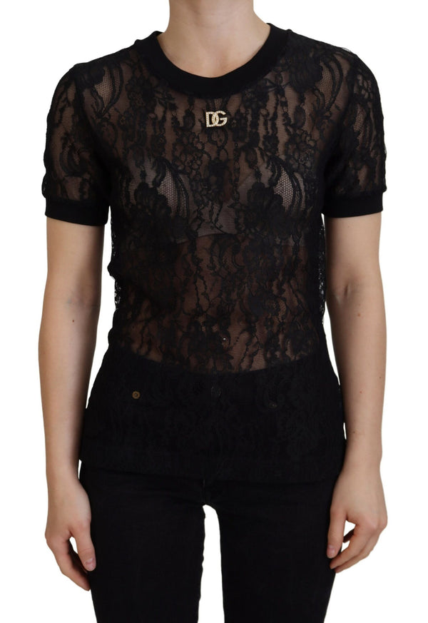 Black Floral Lace DG Logo Metal Blouse Top