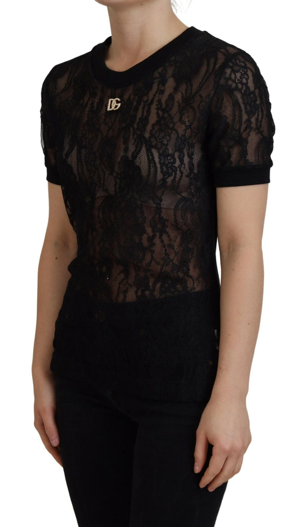 Black Floral Lace DG Logo Metal Blouse Top