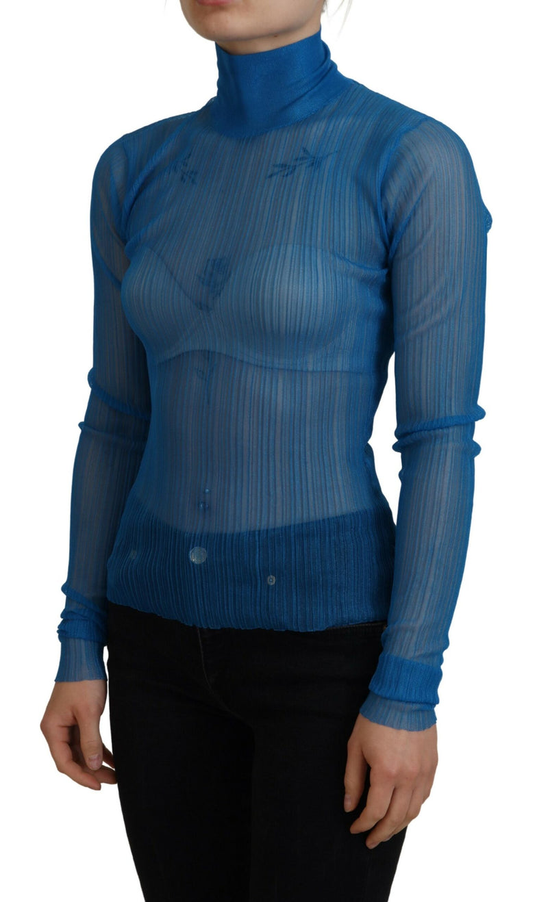 Blue Mesh Turtleneck Long Sleeve Blouse Top