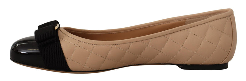 Beige and Black Nappa Leather Ballet Flat Shoes