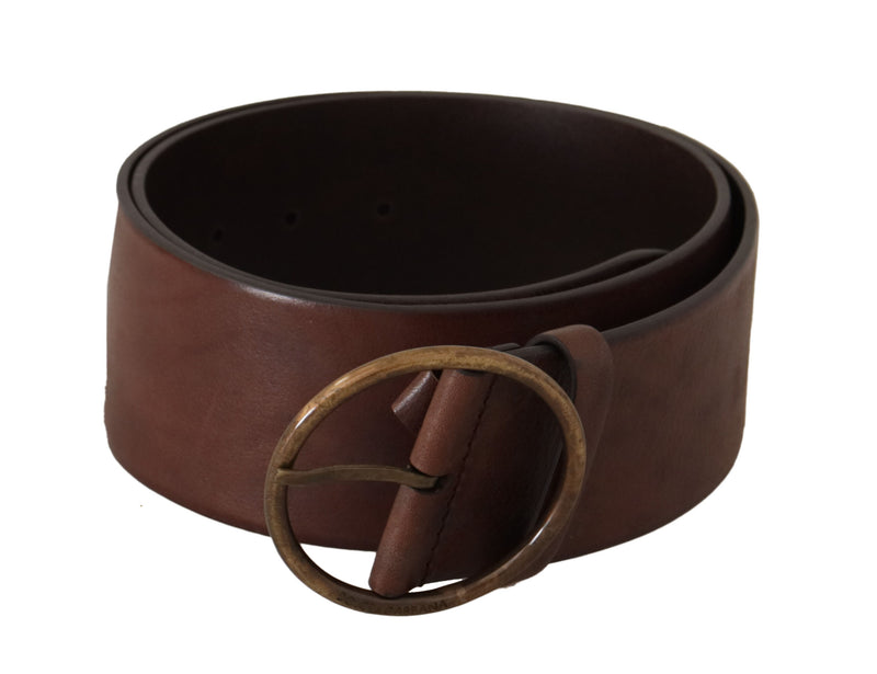 Dark Brown Wide Waist Leather Metal Round Buckle Belt