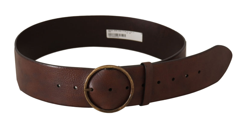 Dark Brown Wide Waist Leather Metal Round Buckle Belt