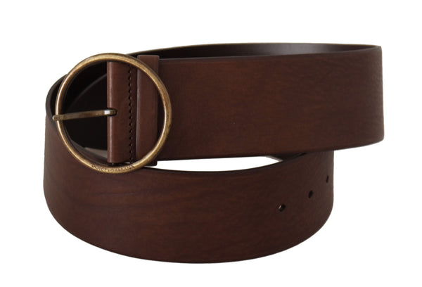 Brown Leather Wide Waist Logo Metal Round Buckle Belt