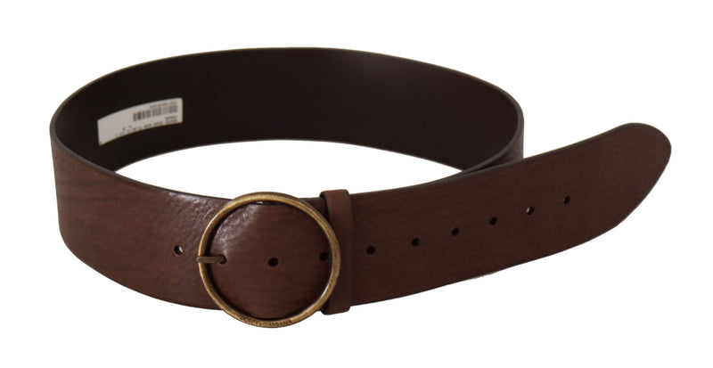 Brown Leather Wide Waist Logo Metal Round Buckle Belt