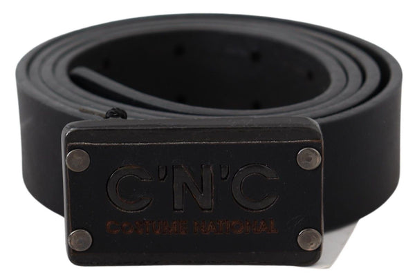 Black Leather Rustic Logo Buckle Waist Belt