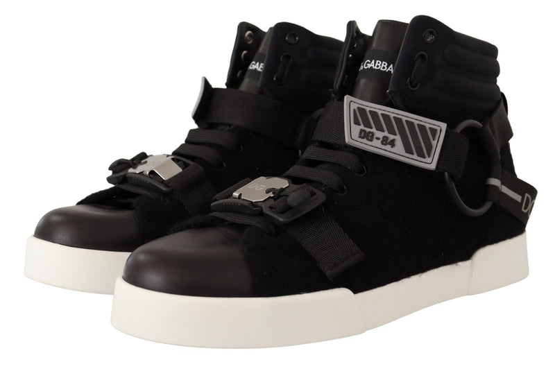 Black Leather Wool High Top Casual Sneakers