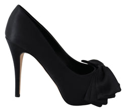 Black Silk Pumps Open Toes Heels Shoes