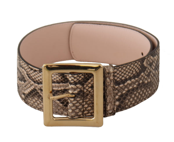 Beige Exotic Leather Wide Gold Metal Buckle Belt