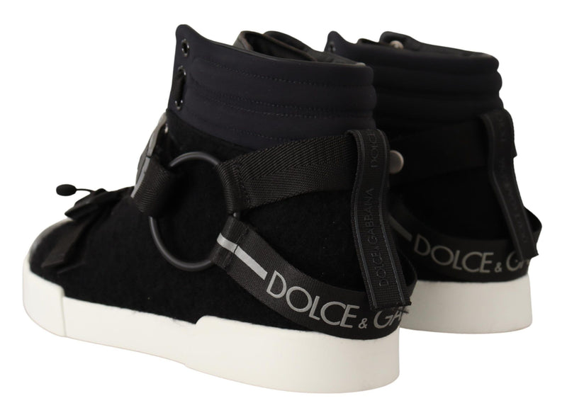 Black Leather Wool High Top Casual Sneakers