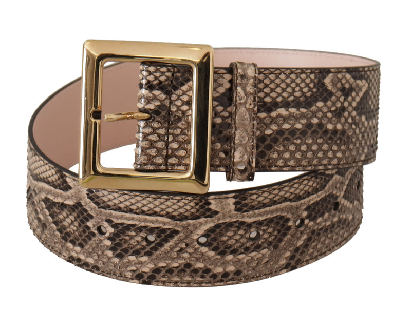 Beige Exotic Leather Wide Gold Metal Buckle Belt