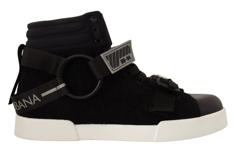 Black Leather Wool High Top Casual Sneakers