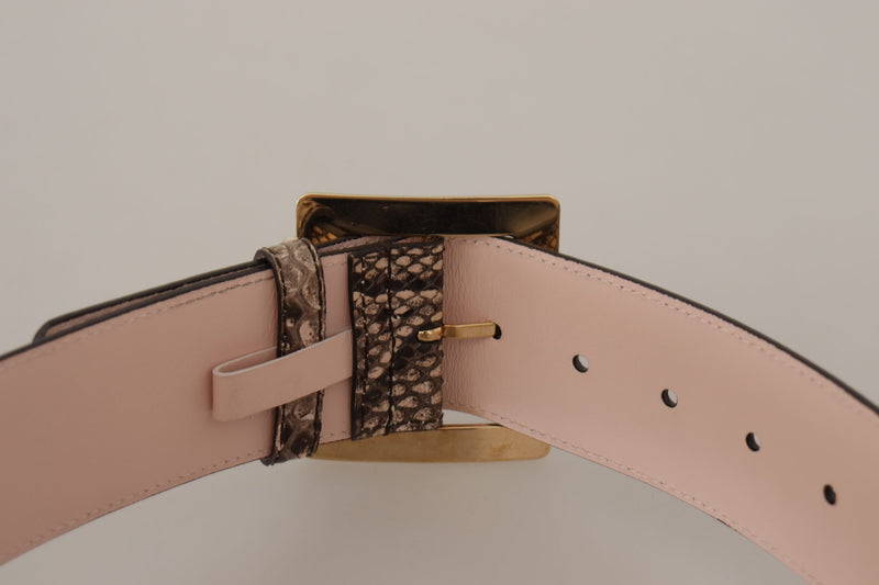 Beige Exotic Leather Wide Gold Metal Buckle Belt