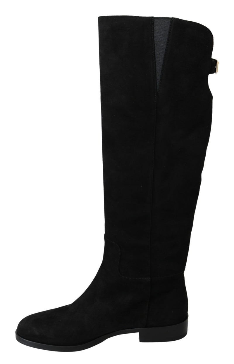 Black Suede Knee High Flat Boots Shoes