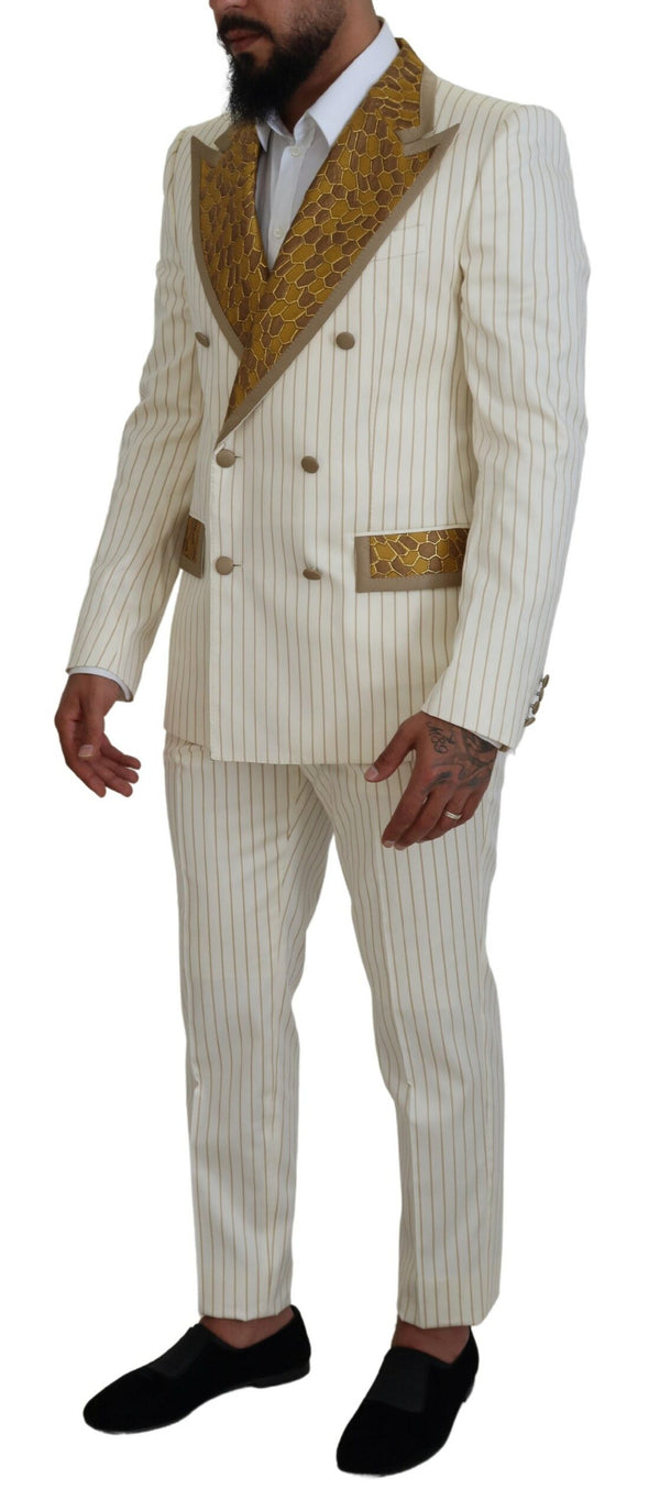 Off White Gold Striped Tuxedo Slim Fit Suit