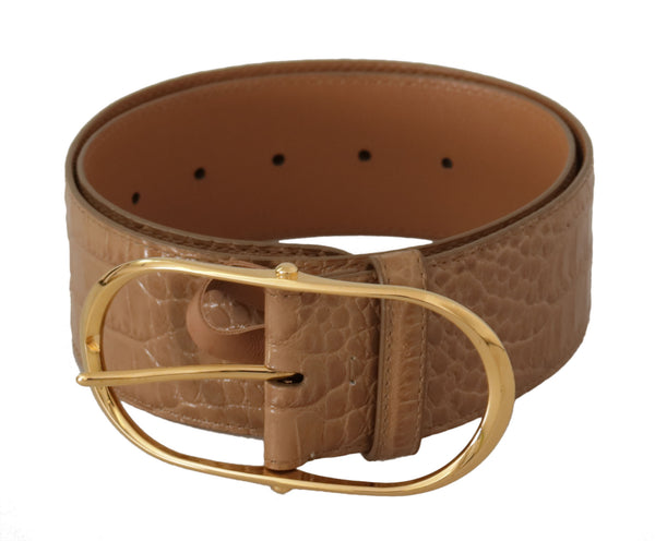 Brown Beige Leather Gold Metal Oval Buckle Belt