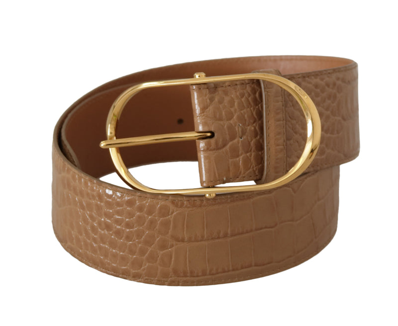 Brown Beige Leather Gold Metal Oval Buckle Belt