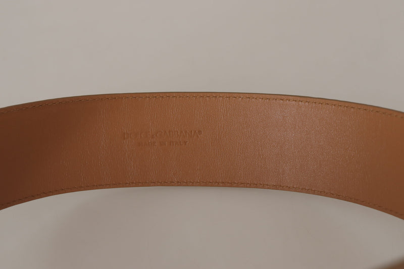 Brown Beige Leather Gold Metal Oval Buckle Belt