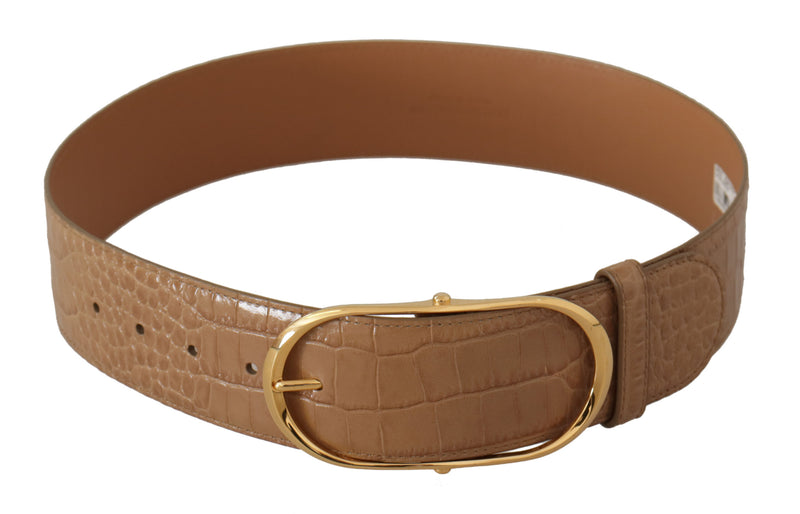 Brown Beige Leather Gold Metal Oval Buckle Belt