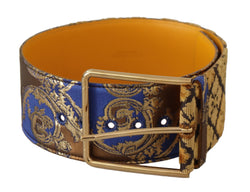 Blue Floral Patchwork Leather Wide Waist Buckle Belt