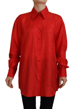 Red Silk Collared Long Sleeves Dress Shirt Top