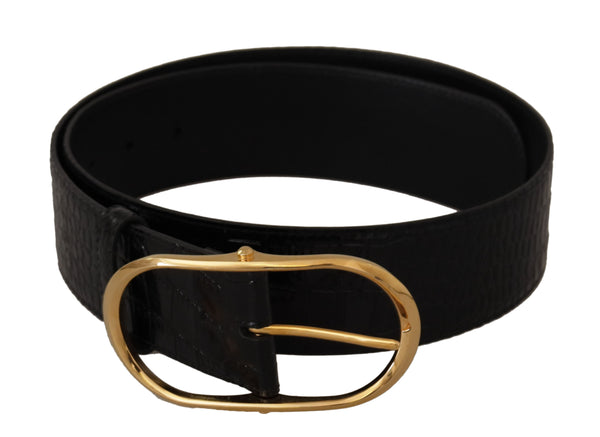 Black Embossed Leather Gold Tone Metal Buckle Belt