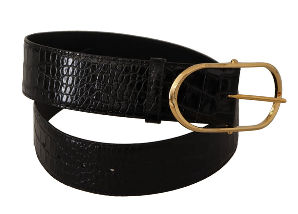 Black Embossed Leather Gold Tone Metal Buckle Belt