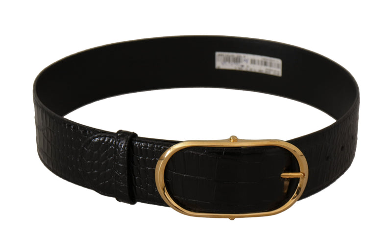 Black Embossed Leather Gold Tone Metal Buckle Belt