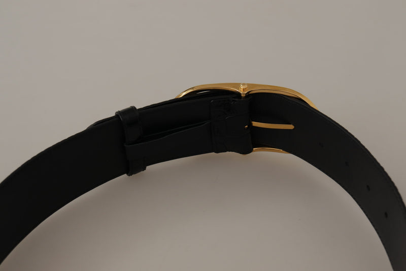 Black Embossed Leather Gold Tone Metal Buckle Belt