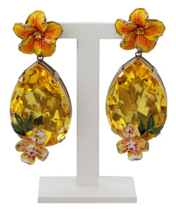 Yellow Crystal Floral Gold Tone Brass Clip On  Earrings