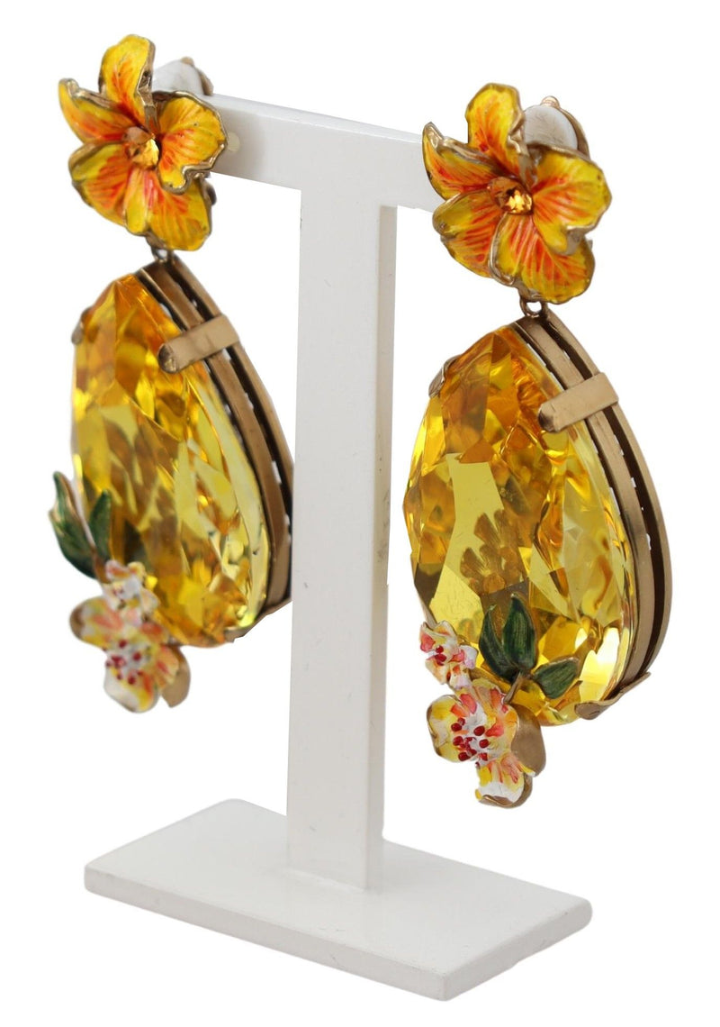 Yellow Crystal Floral Gold Tone Brass Clip On  Earrings